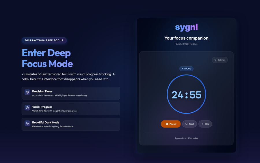 Sygnl app showing deep focus mode with timer and session tracking