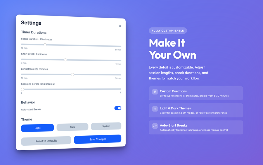 Sygnl settings panel showing customizable focus duration, break times, and theme options