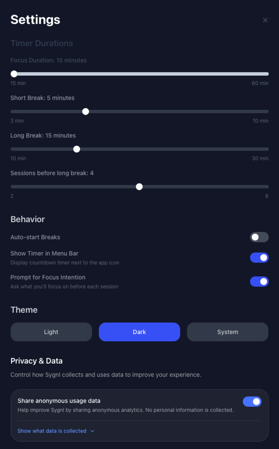 Sygnl settings panel with customization options